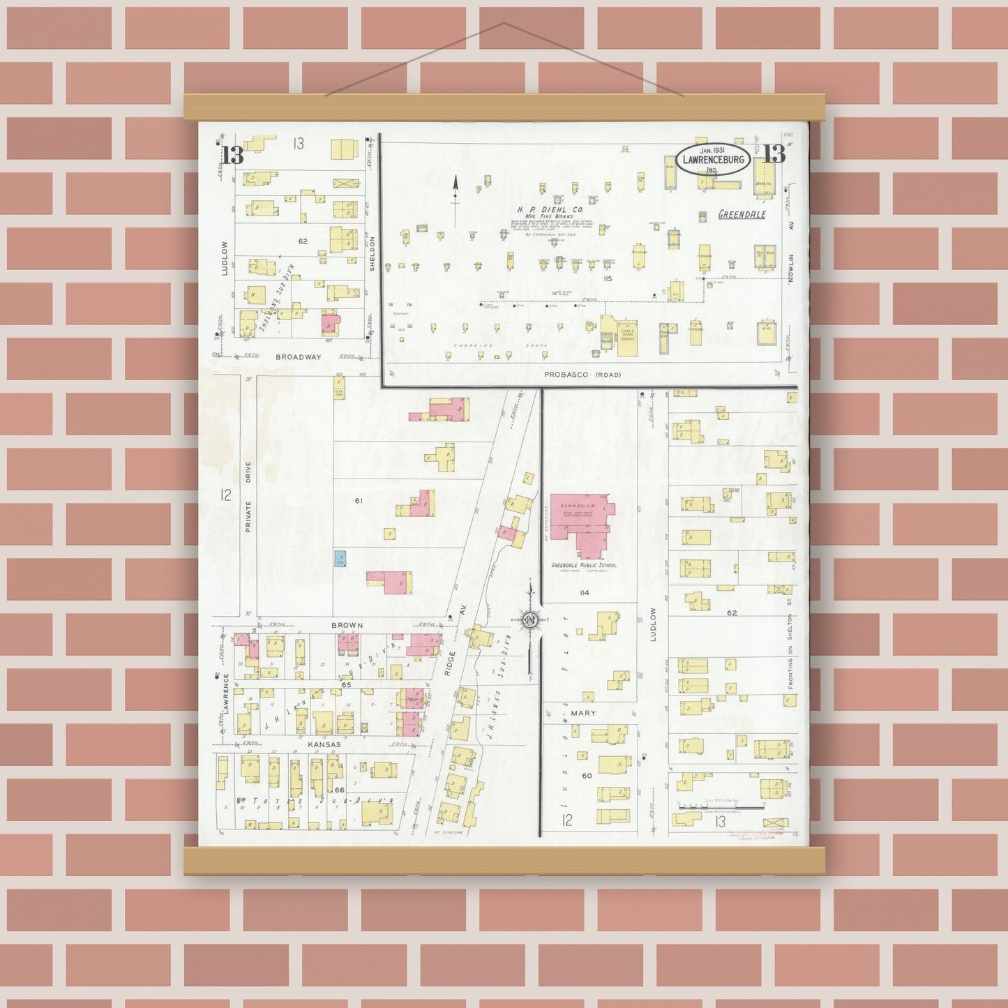 Old map wall art mockup — magnetic wood frame on brick wall — Sanborn Fire Insurance Map from Lawrenceburg, Dearborn County, Indiana (1931), Sheet #0013