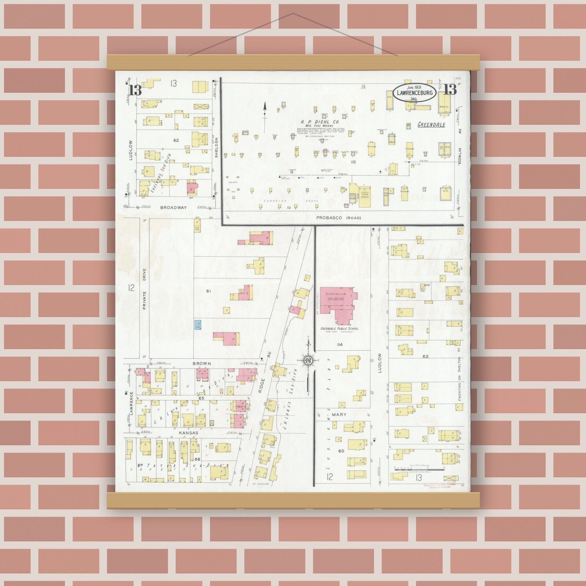 Old map wall art mockup — magnetic wood frame on brick wall — Sanborn Fire Insurance Map from Lawrenceburg, Dearborn County, Indiana (1931), Sheet #0013