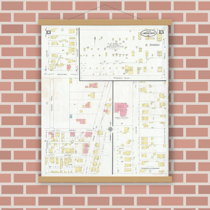 Old map wall art mockup — magnetic wood frame on brick wall — Sanborn Fire Insurance Map from Lawrenceburg, Dearborn County, Indiana (1931), Sheet #0013
