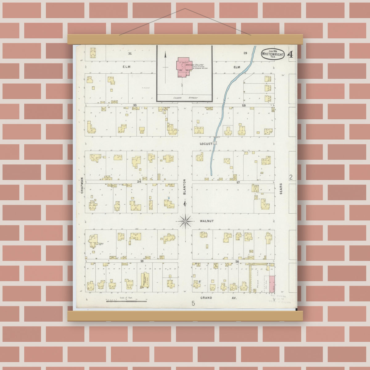 Old map wall art mockup — magnetic wood frame on brick wall — Sanborn Fire Insurance Map from Whitewright, Grayson County, Texas (1896), Sheet #0004