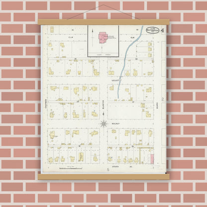 Old map wall art mockup — magnetic wood frame on brick wall — Sanborn Fire Insurance Map from Whitewright, Grayson County, Texas (1896), Sheet #0004