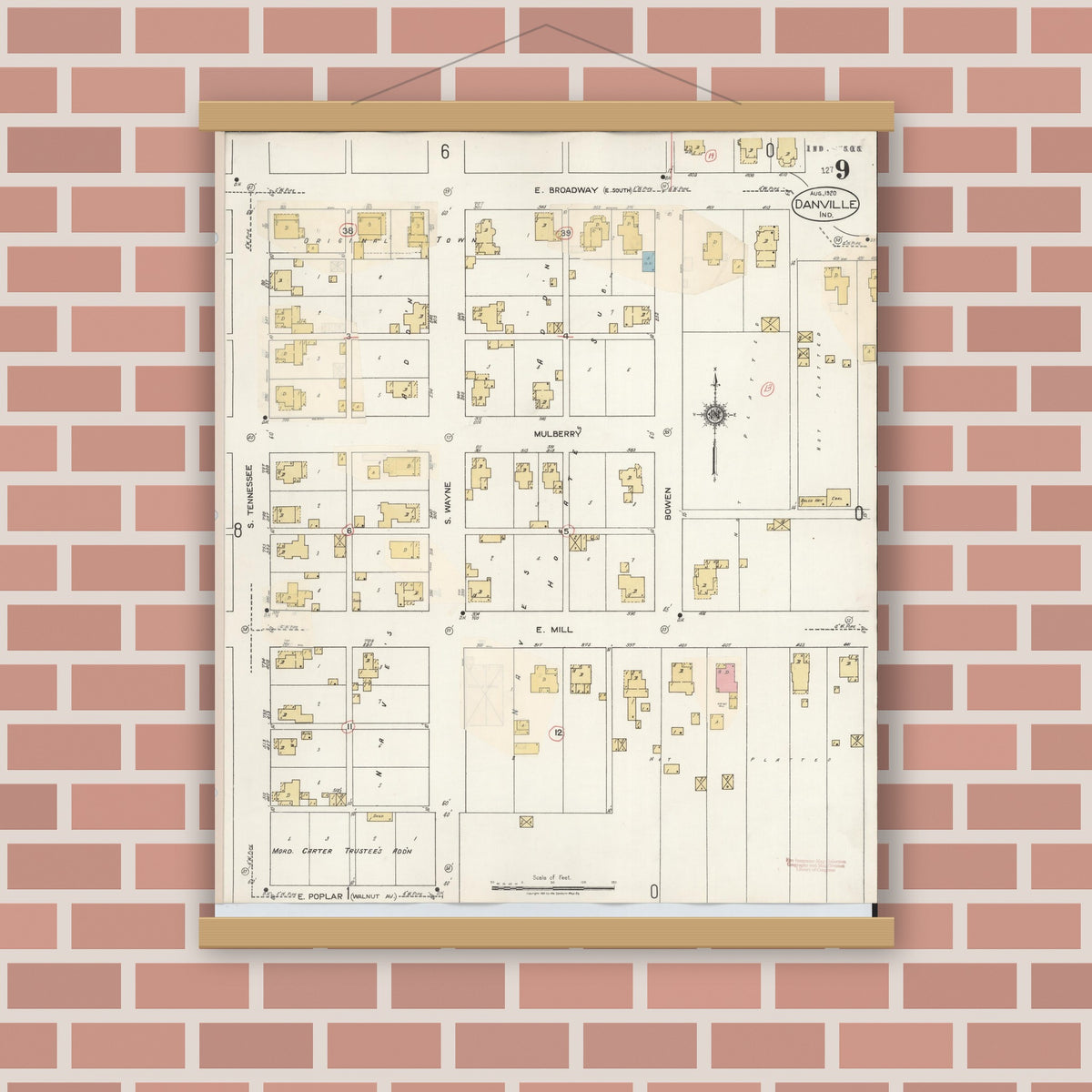 Old map wall art mockup — magnetic wood frame on brick wall — Sanborn Fire Insurance Map from Danville, Hendricks County, Indiana (1932), Sheet #0009