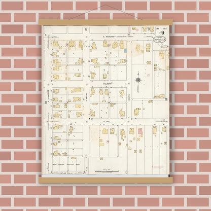 Old map wall art mockup — magnetic wood frame on brick wall — Sanborn Fire Insurance Map from Danville, Hendricks County, Indiana (1932), Sheet #0009