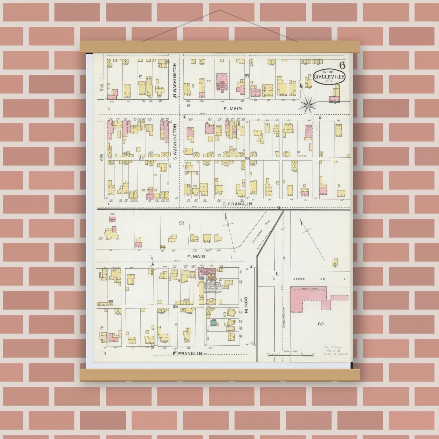 Old map wall art mockup — magnetic wood frame on brick wall — Sanborn Fire Insurance Map from Circleville, Pickaway County, Ohio (1893), Sheet #0006