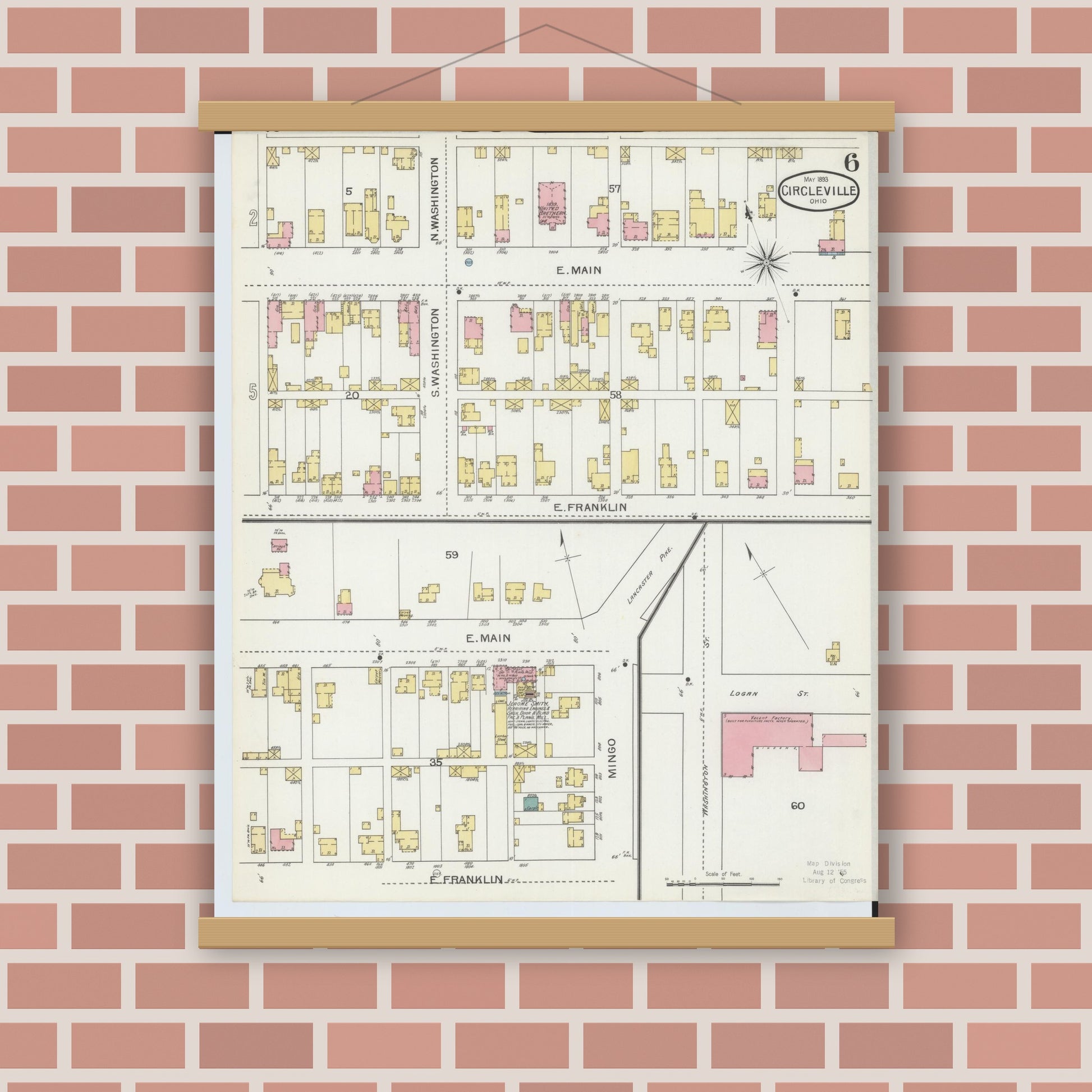 Old map wall art mockup — magnetic wood frame on brick wall — Sanborn Fire Insurance Map from Circleville, Pickaway County, Ohio (1893), Sheet #0006