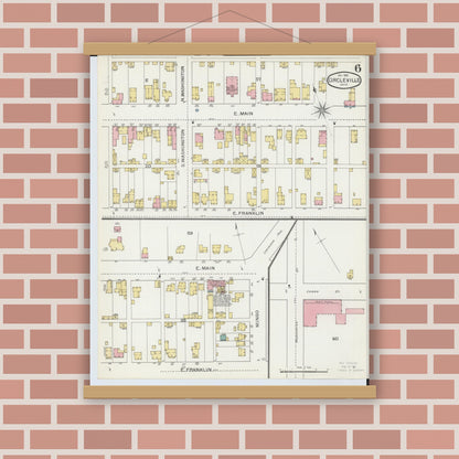 Old map wall art mockup — magnetic wood frame on brick wall — Sanborn Fire Insurance Map from Circleville, Pickaway County, Ohio (1893), Sheet #0006