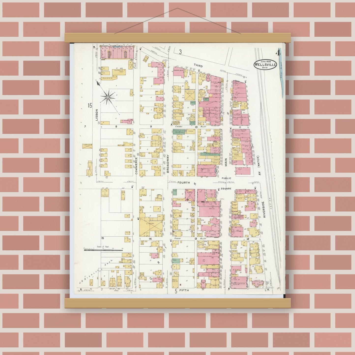 Old map wall art mockup — magnetic wood frame on brick wall — Sanborn Fire Insurance Map from Wellsville, Columbiana County, Ohio (1908), Sheet #0004