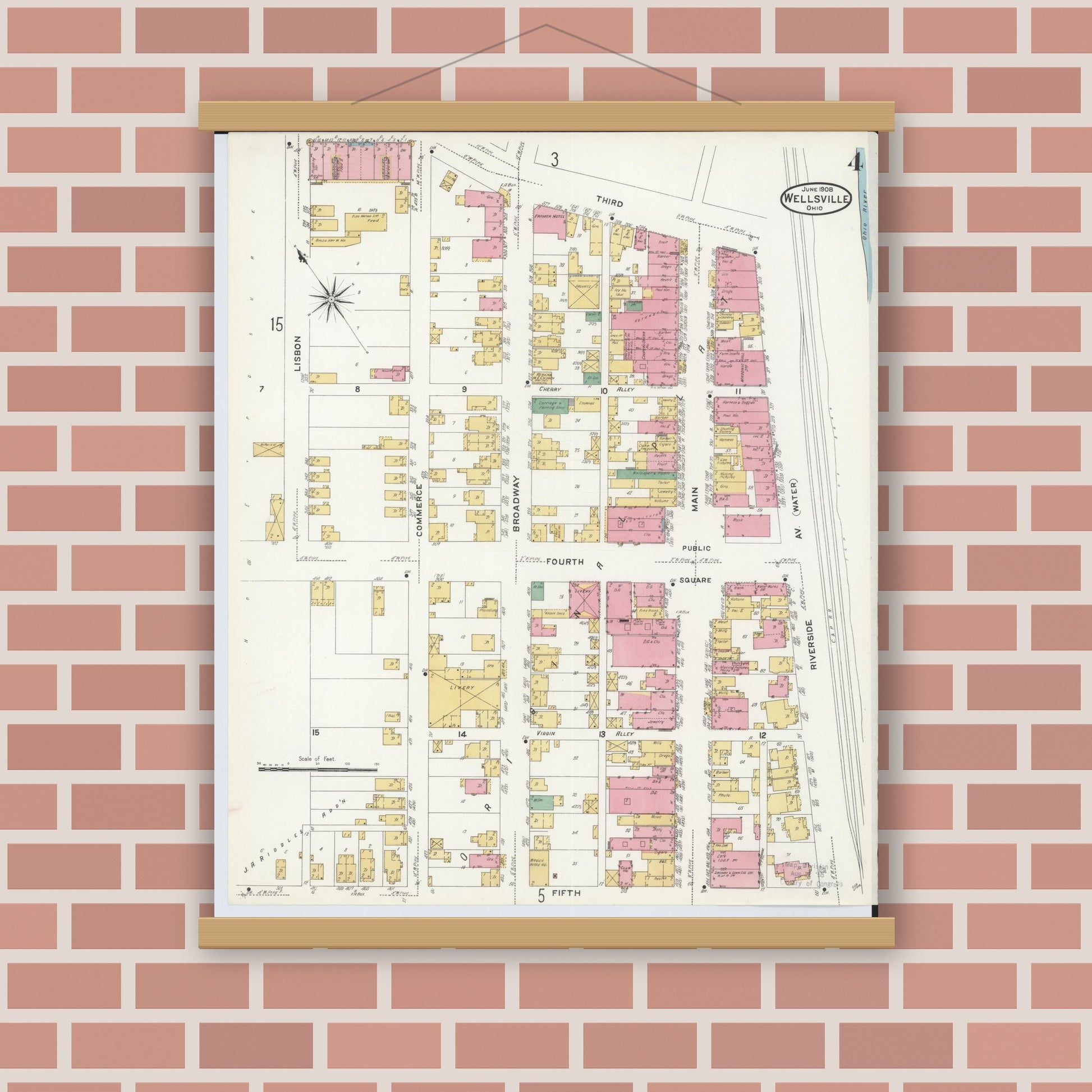 Old map wall art mockup — magnetic wood frame on brick wall — Sanborn Fire Insurance Map from Wellsville, Columbiana County, Ohio (1908), Sheet #0004