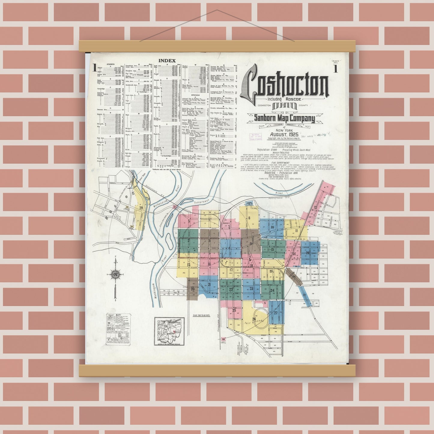Old map wall art mockup — magnetic wood frame on brick wall — Sanborn Fire Insurance Map from Coshocton, Coshocton County, Ohio (1925), Sheet #0001