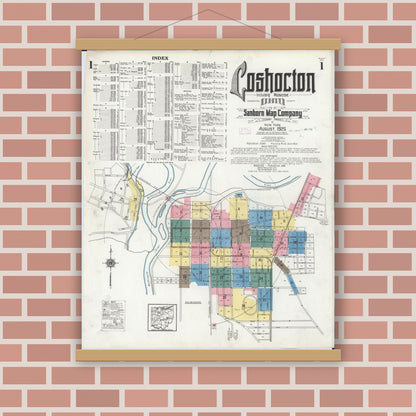 Old map wall art mockup — magnetic wood frame on brick wall — Sanborn Fire Insurance Map from Coshocton, Coshocton County, Ohio (1925), Sheet #0001