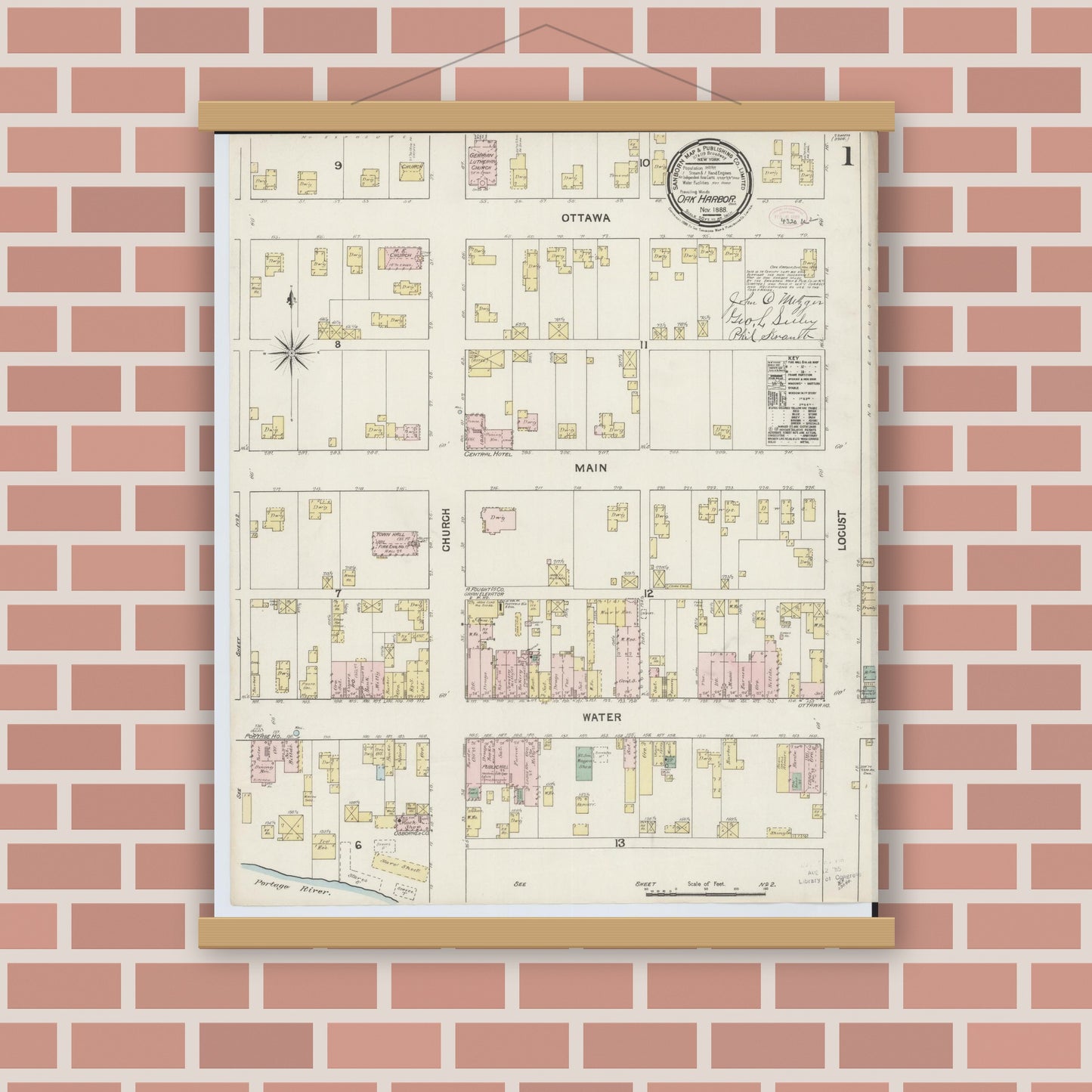 Old map wall art mockup — magnetic wood frame on brick wall — Sanborn Fire Insurance Map from Oak Harbor, Ottawa County, Ohio (1888), Sheet #0001