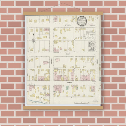 Old map wall art mockup — magnetic wood frame on brick wall — Sanborn Fire Insurance Map from Oak Harbor, Ottawa County, Ohio (1888), Sheet #0001