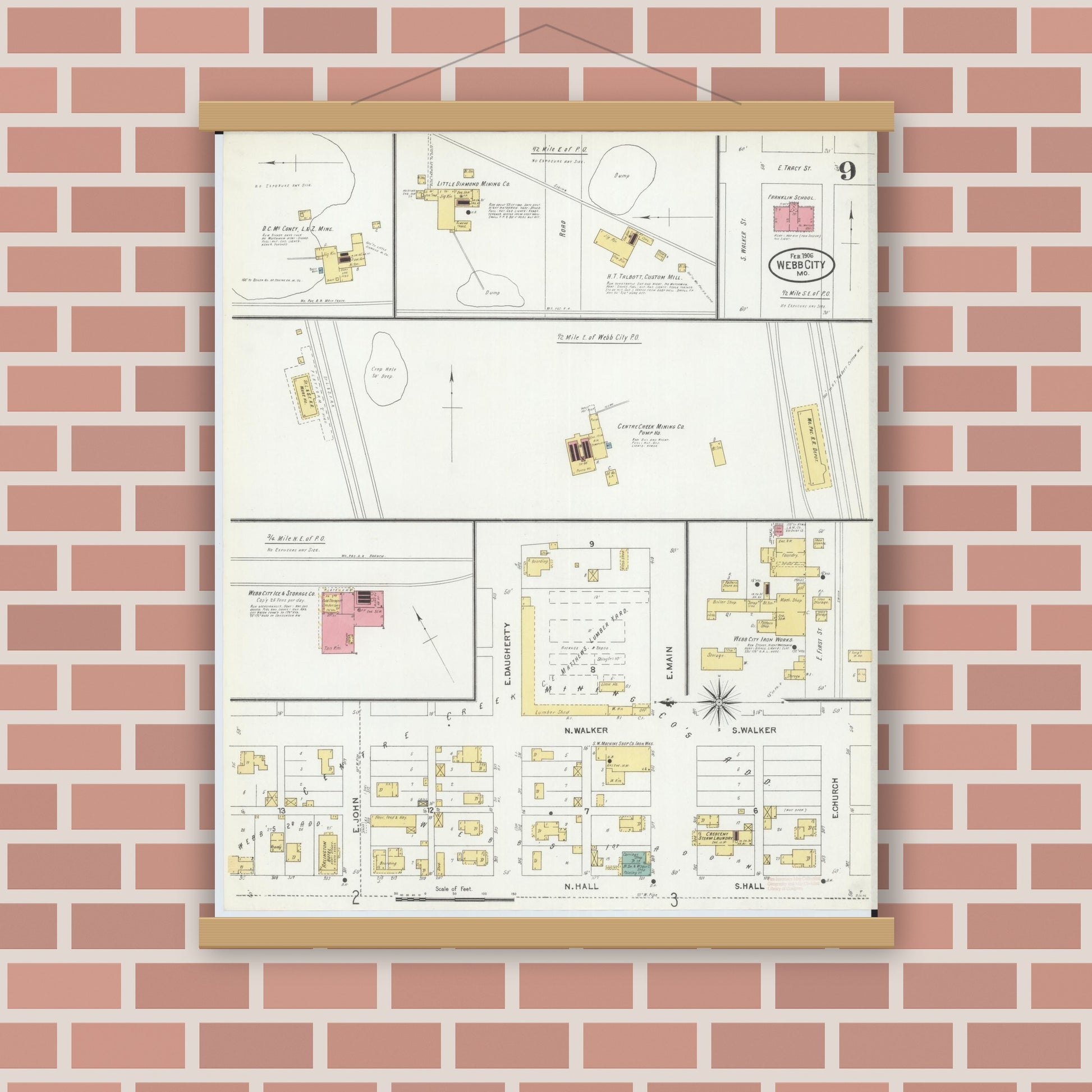 Old map wall art mockup — magnetic wood frame on brick wall — Sanborn Fire Insurance Map from Webb City, Jasper County, Missouri (1906), Sheet #0009