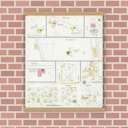 Old map wall art mockup — magnetic wood frame on brick wall — Sanborn Fire Insurance Map from Webb City, Jasper County, Missouri (1906), Sheet #0009