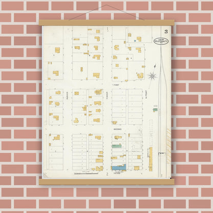 Old map wall art mockup — magnetic wood frame on brick wall — Sanborn Fire Insurance Map from Goldthwaite, Mills County, Texas (1904), Sheet #0003