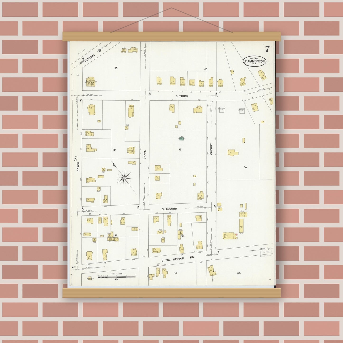 Old map wall art mockup — magnetic wood frame on brick wall — Sanborn Fire Insurance Map from Hammonton, Atlantic County, New Jersey (1908), Sheet #0007