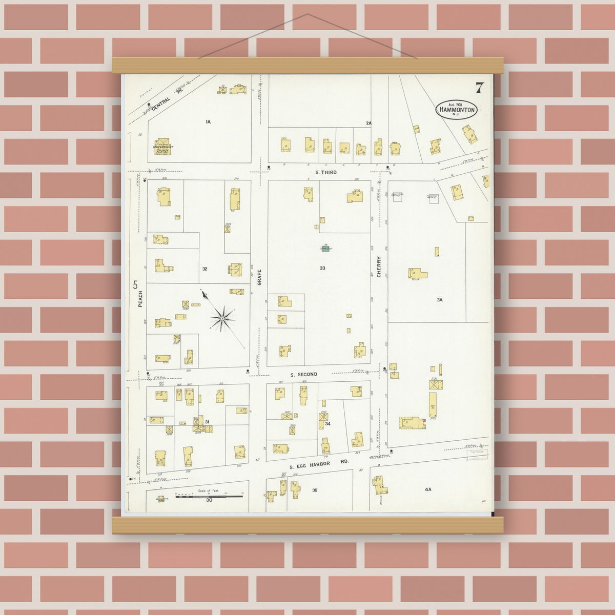Old map wall art mockup — magnetic wood frame on brick wall — Sanborn Fire Insurance Map from Hammonton, Atlantic County, New Jersey (1908), Sheet #0007
