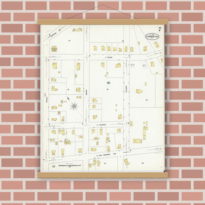 Old map wall art mockup — magnetic wood frame on brick wall — Sanborn Fire Insurance Map from Hammonton, Atlantic County, New Jersey (1908), Sheet #0007