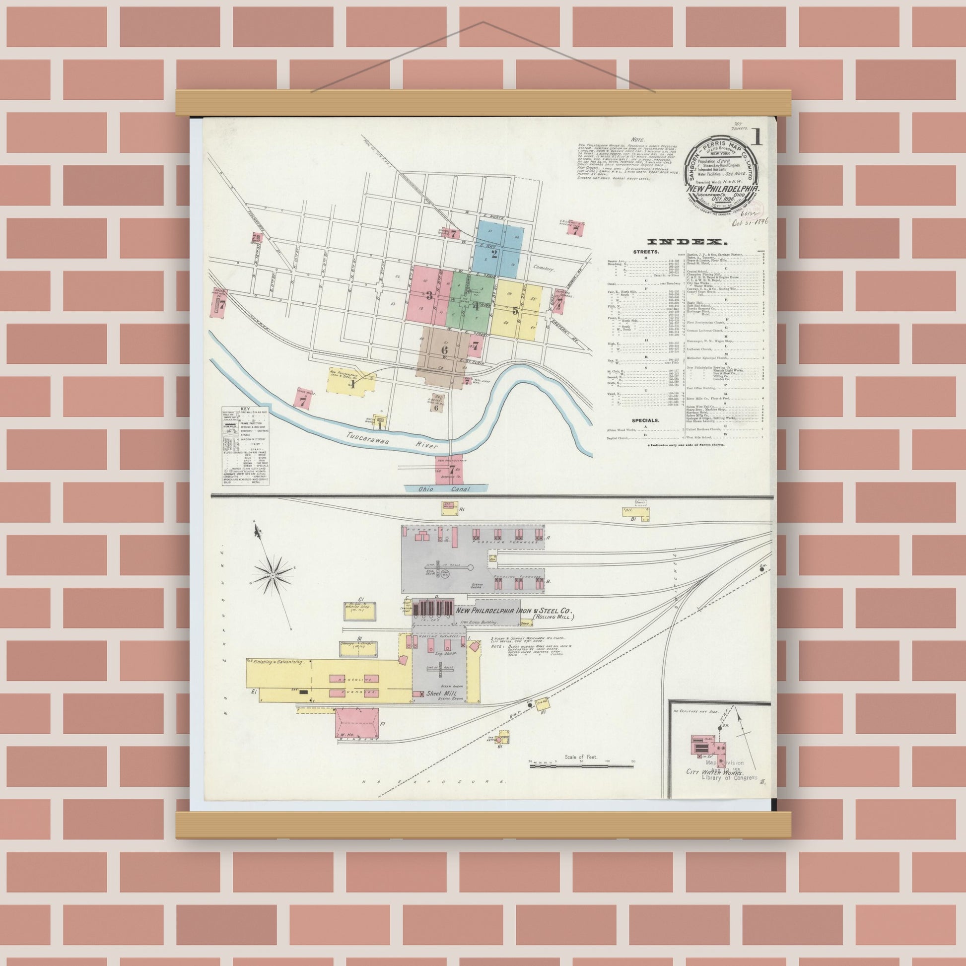 Old map wall art mockup — magnetic wood frame on brick wall — Sanborn Fire Insurance Map from New Philadelphia, Tuscarawas County, Ohio (1896) - Complete Map Set