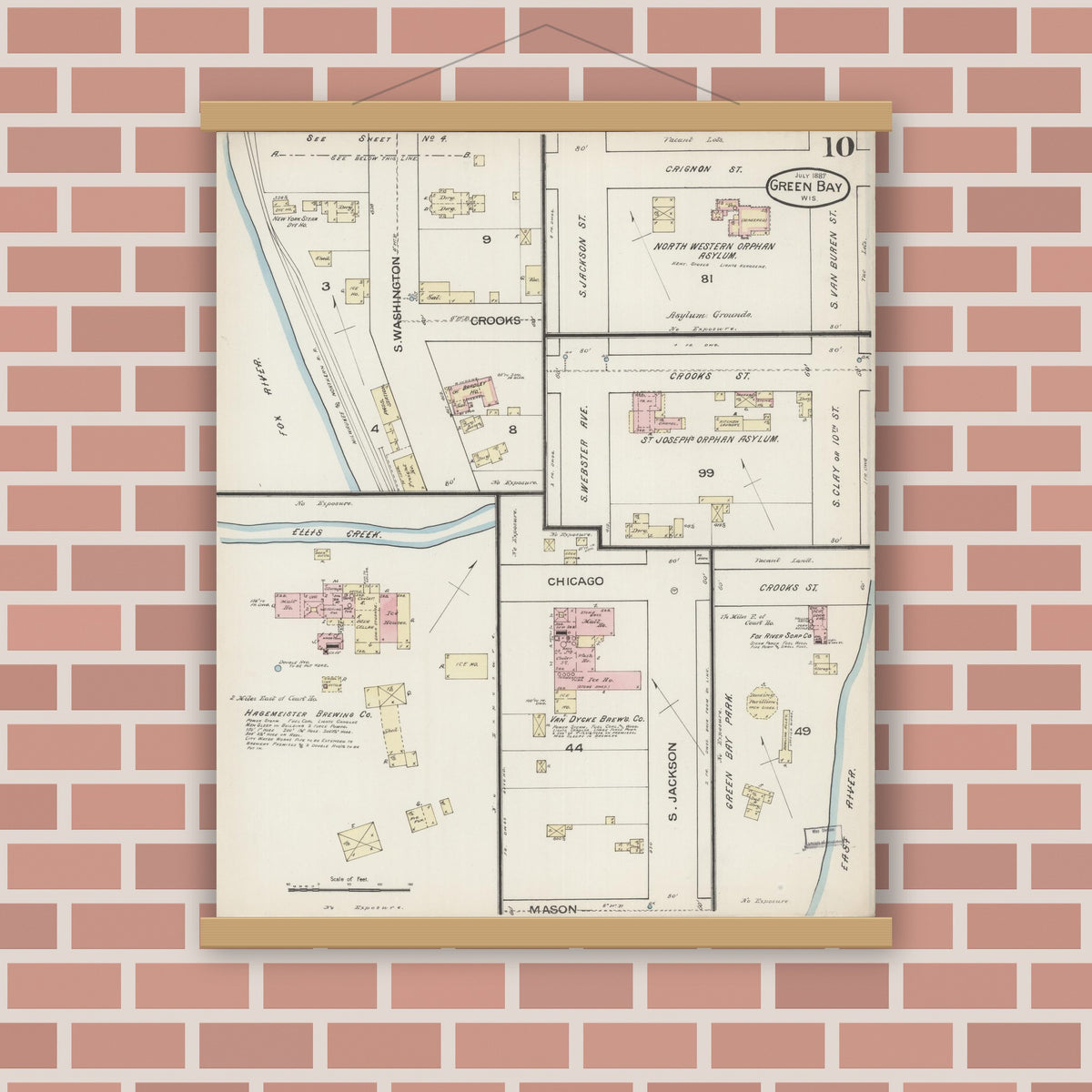 Old map wall art mockup — magnetic wood frame on brick wall — Sanborn Fire Insurance Map from Green Bay, Brown County, Wisconsin (1887), Sheet #0010