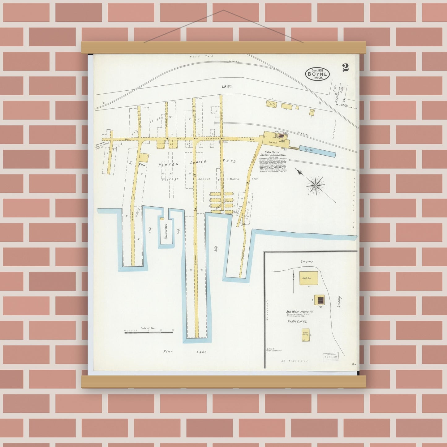 Old map wall art mockup — magnetic wood frame on brick wall — Sanborn Fire Insurance Map from Boyne City, Charlevoix County, Michigan (1905), Sheet #0002