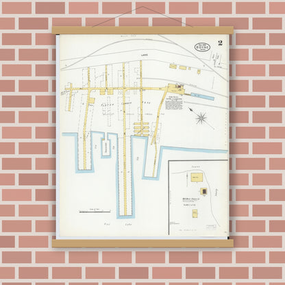 Old map wall art mockup — magnetic wood frame on brick wall — Sanborn Fire Insurance Map from Boyne City, Charlevoix County, Michigan (1905), Sheet #0002