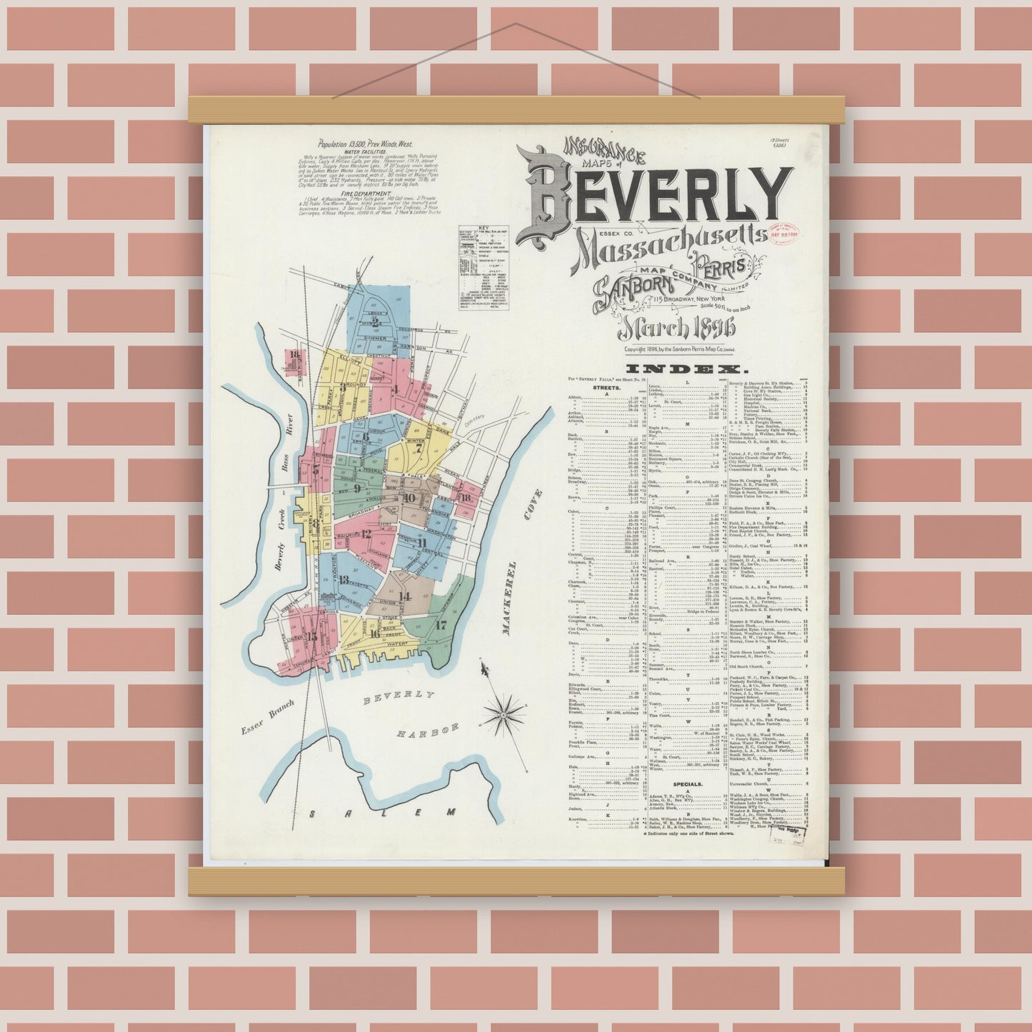 Old map wall art mockup — magnetic wood frame on brick wall — Sanborn Fire Insurance Map from Beverly, Essex County, Massachusetts (1896) - Complete Map Set