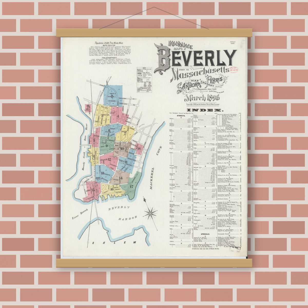 Old map wall art mockup — magnetic wood frame on brick wall — Sanborn Fire Insurance Map from Beverly, Essex County, Massachusetts (1896) - Complete Map Set