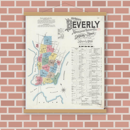 Old map wall art mockup — magnetic wood frame on brick wall — Sanborn Fire Insurance Map from Beverly, Essex County, Massachusetts (1896) - Complete Map Set