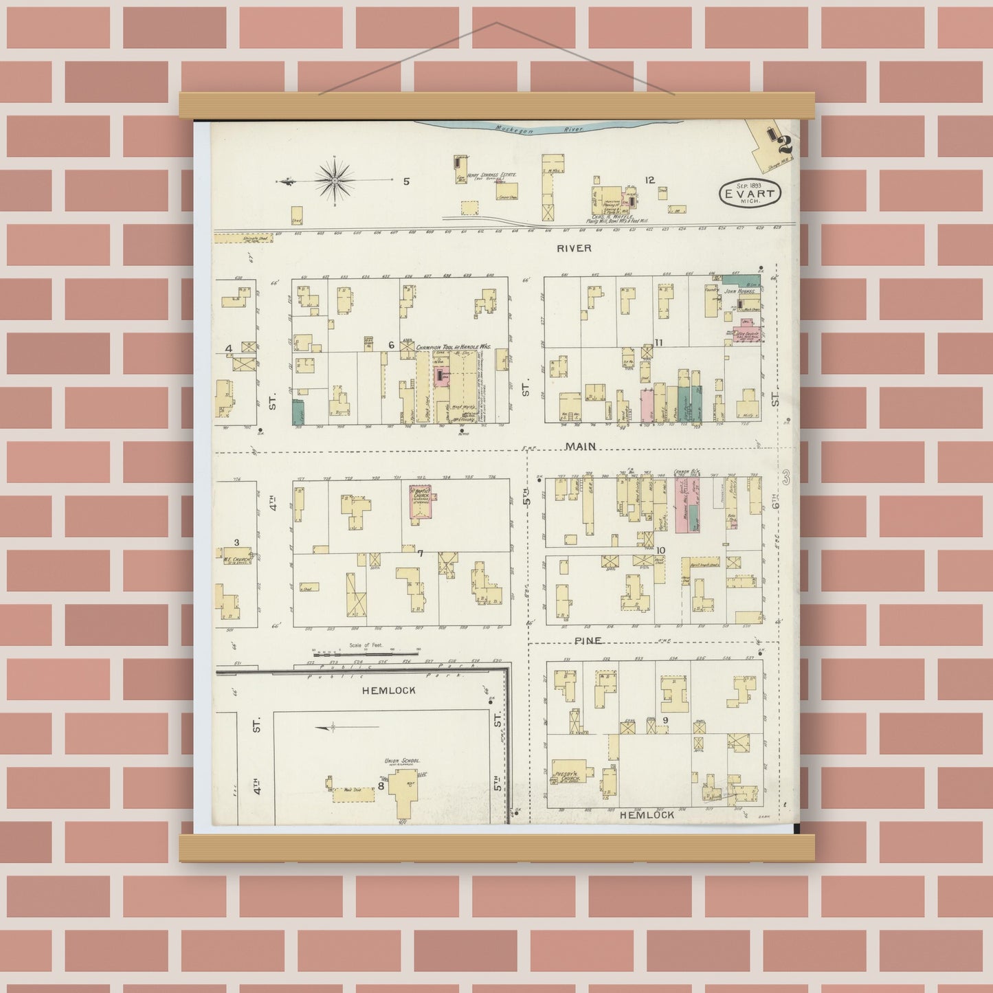 Old map wall art mockup — magnetic wood frame on brick wall — Sanborn Fire Insurance Map from Evart, Osceola County, Michigan (1893), Sheet #0002