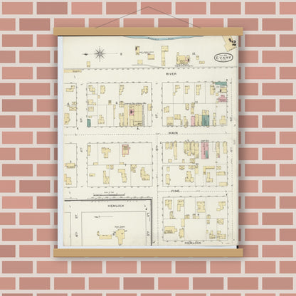 Old map wall art mockup — magnetic wood frame on brick wall — Sanborn Fire Insurance Map from Evart, Osceola County, Michigan (1893), Sheet #0002