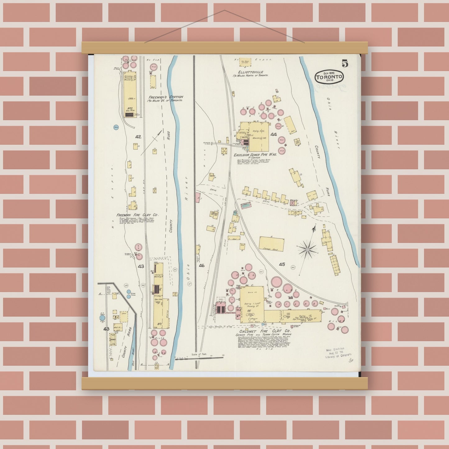 Old map wall art mockup — magnetic wood frame on brick wall — Sanborn Fire Insurance Map from Toronto, Jefferson County, Ohio (1892), Sheet #0005