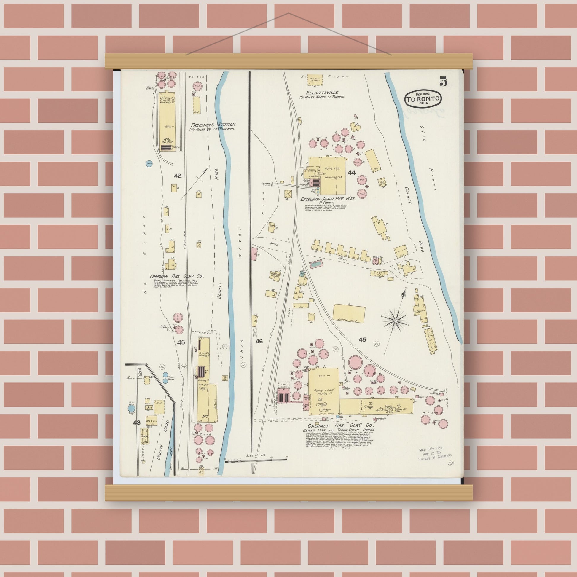 Old map wall art mockup — magnetic wood frame on brick wall — Sanborn Fire Insurance Map from Toronto, Jefferson County, Ohio (1892), Sheet #0005