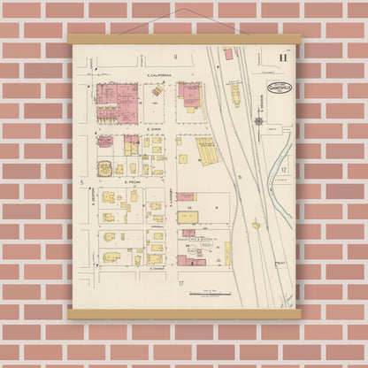 Old map wall art mockup — magnetic wood frame on brick wall — Sanborn Fire Insurance Map from Gainesville, Cooke County, Texas (1922), Sheet #0011