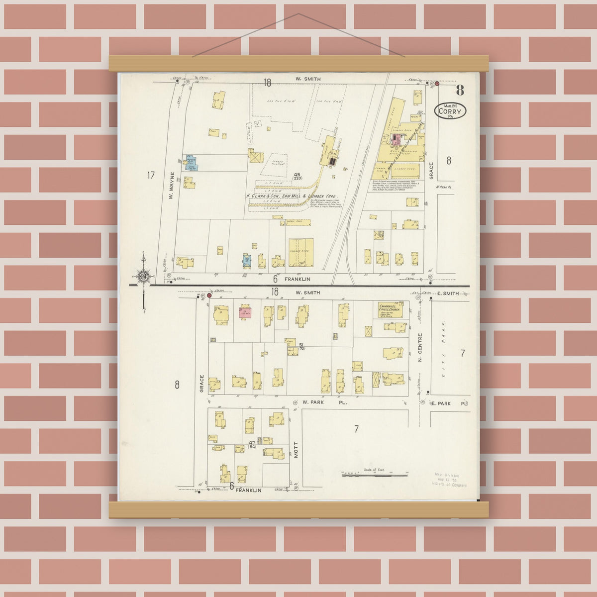 Old map wall art mockup — magnetic wood frame on brick wall — Sanborn Fire Insurance Map from Corry, Erie County, Pennsylvania (1915), Sheet #0008