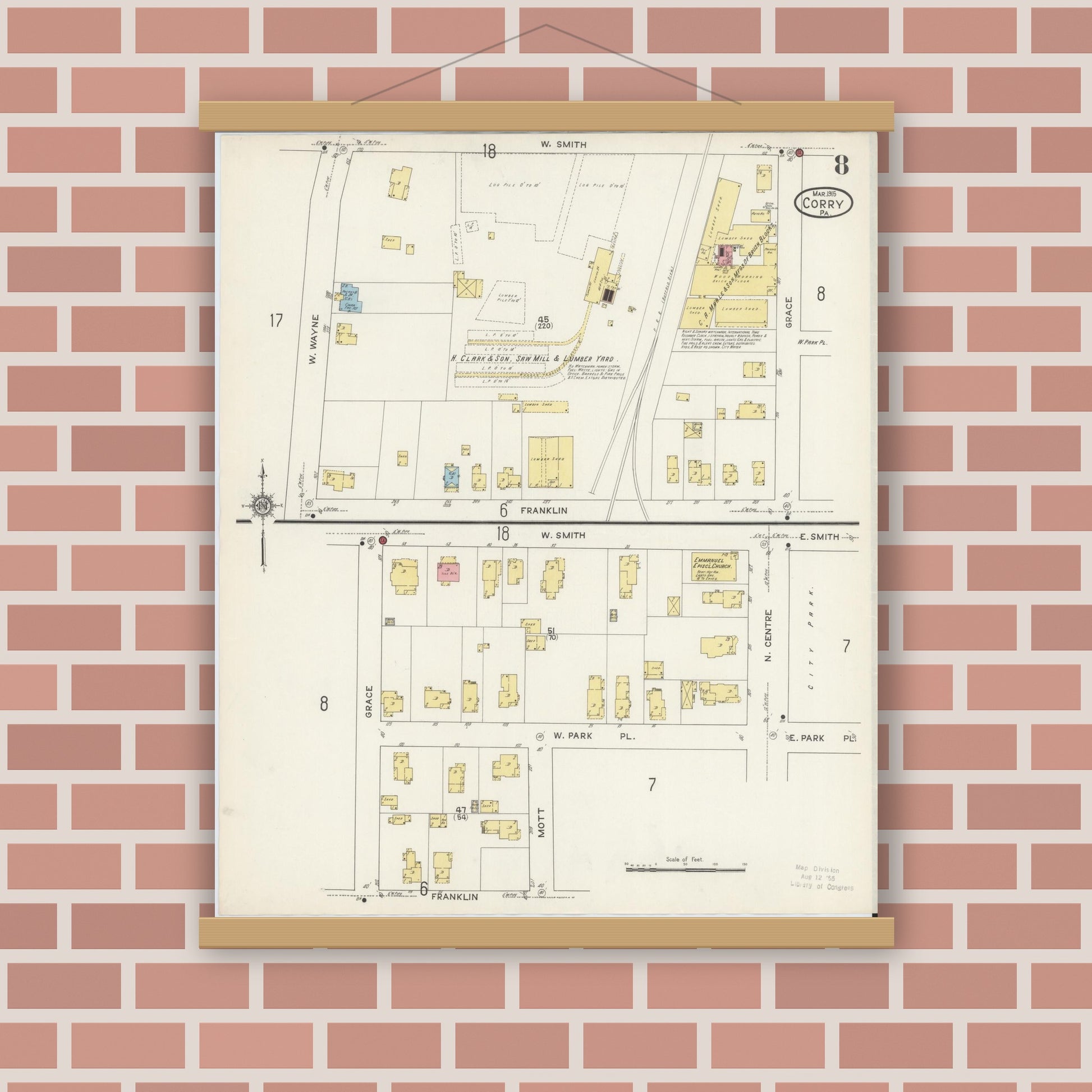 Old map wall art mockup — magnetic wood frame on brick wall — Sanborn Fire Insurance Map from Corry, Erie County, Pennsylvania (1915), Sheet #0008
