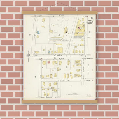 Old map wall art mockup — magnetic wood frame on brick wall — Sanborn Fire Insurance Map from Corry, Erie County, Pennsylvania (1915), Sheet #0008
