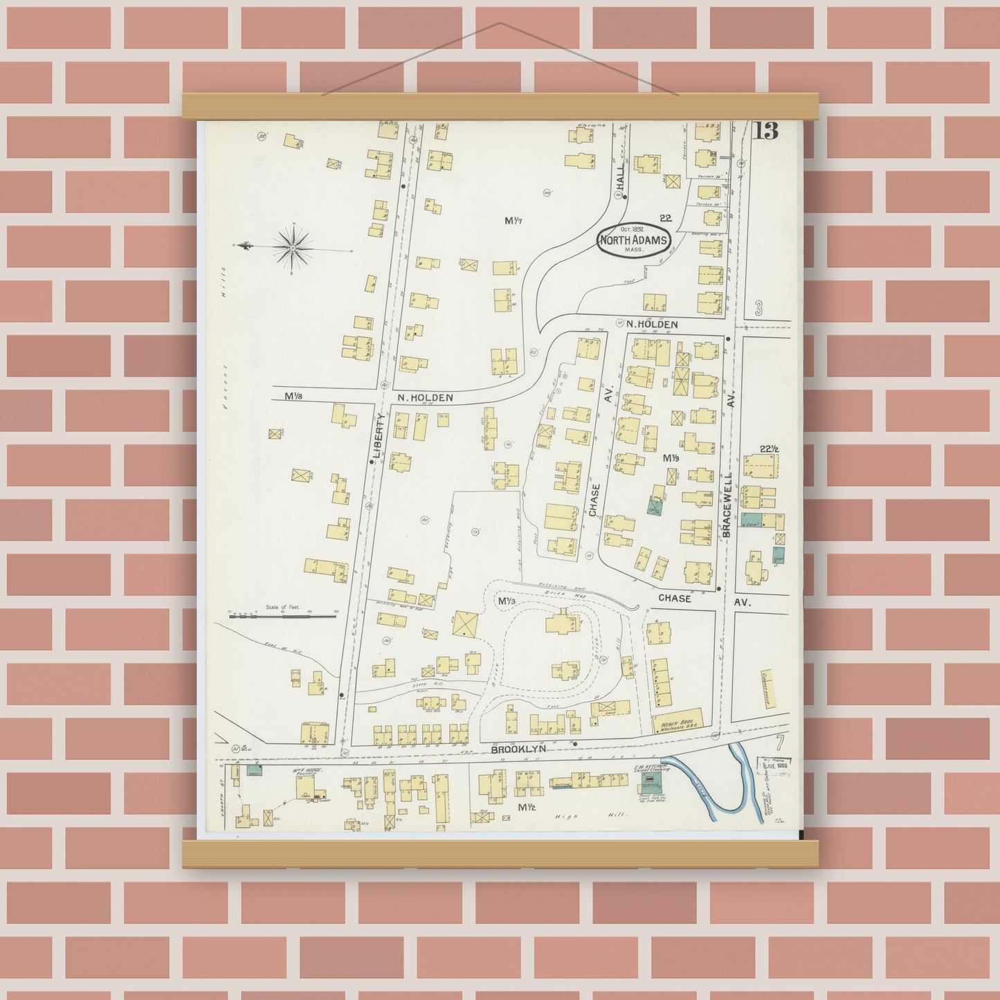 Old map wall art mockup — magnetic wood frame on brick wall — Sanborn Fire Insurance Map from North Adams, Berkshire County, Massachusetts (1892), Sheet #0013