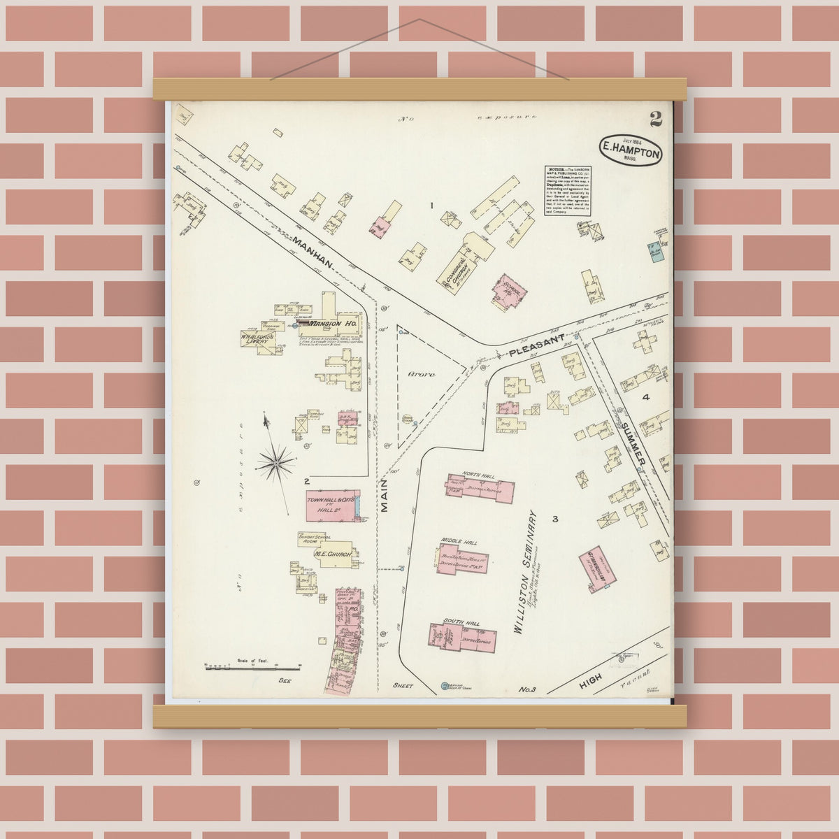 Old map wall art mockup — magnetic wood frame on brick wall — Sanborn Fire Insurance Map from East Hampton, Hampshire County, Massachusetts (1884), Sheet #0002