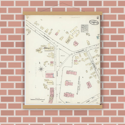 Old map wall art mockup — magnetic wood frame on brick wall — Sanborn Fire Insurance Map from East Hampton, Hampshire County, Massachusetts (1884), Sheet #0002