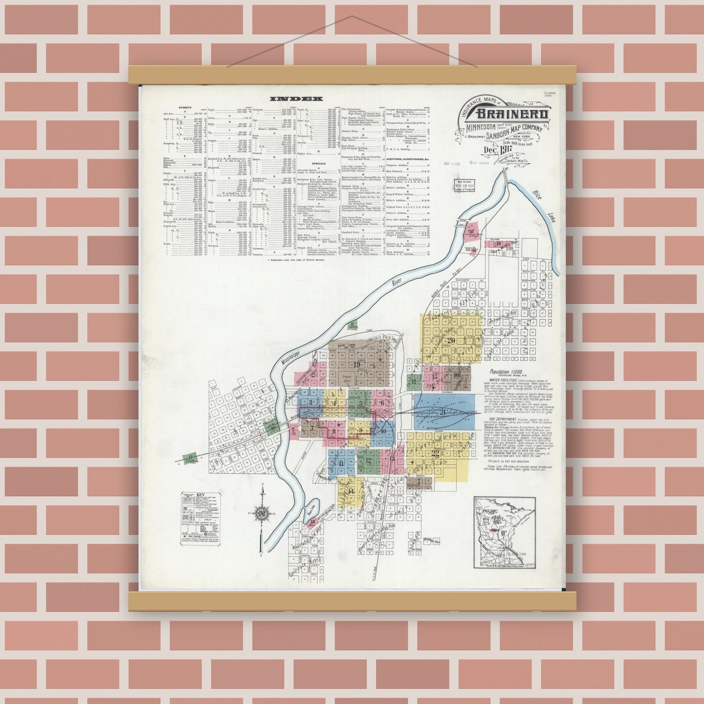 Old map wall art mockup — magnetic wood frame on brick wall — Sanborn Fire Insurance Map from Brainerd, Crow Wing County, Minnesota (1917) - Complete Map Set