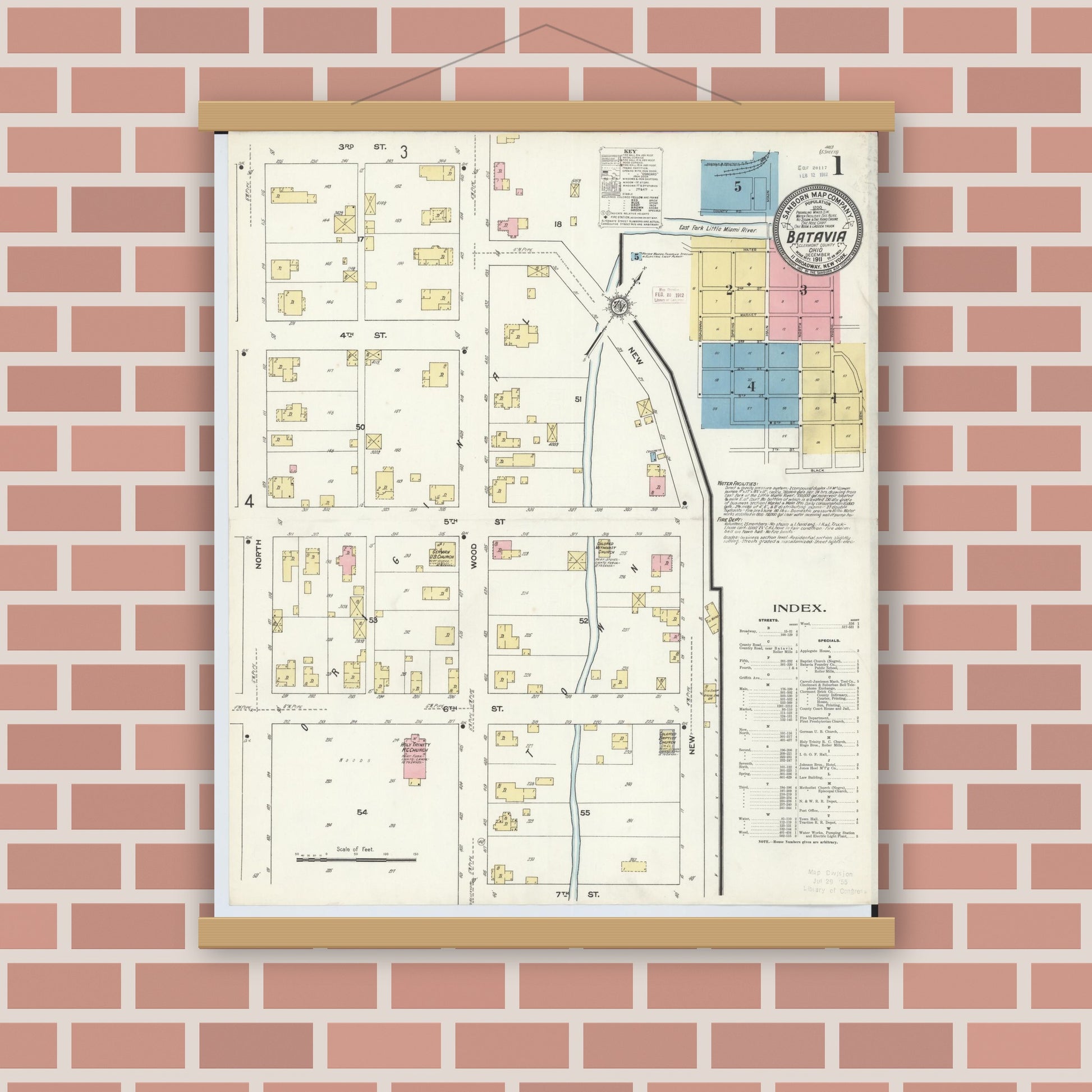 Old map wall art mockup — magnetic wood frame on brick wall — Sanborn Fire Insurance Map from Batavia, Clermont County, Ohio (1911), Sheet #0001