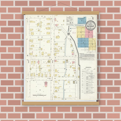 Old map wall art mockup — magnetic wood frame on brick wall — Sanborn Fire Insurance Map from Batavia, Clermont County, Ohio (1911), Sheet #0001