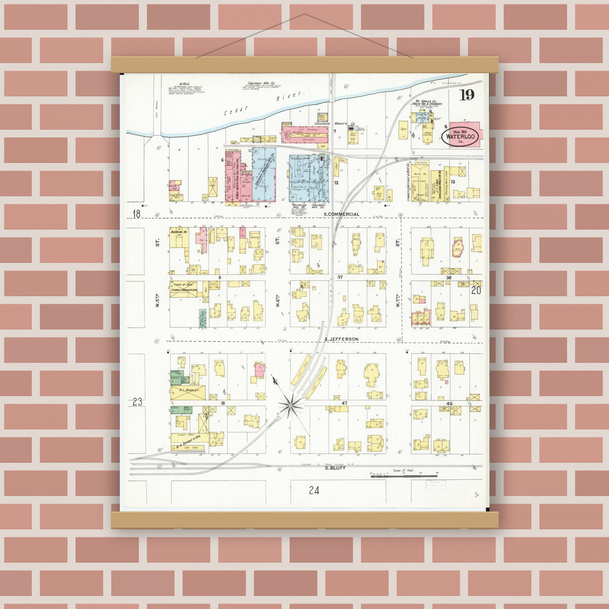 Old map wall art mockup — magnetic wood frame on brick wall — Sanborn Fire Insurance Map from Waterloo, Black Hawk County, Iowa (1906), Sheet #0019