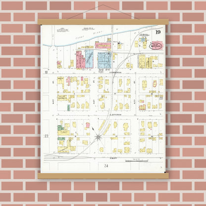 Old map wall art mockup — magnetic wood frame on brick wall — Sanborn Fire Insurance Map from Waterloo, Black Hawk County, Iowa (1906), Sheet #0019