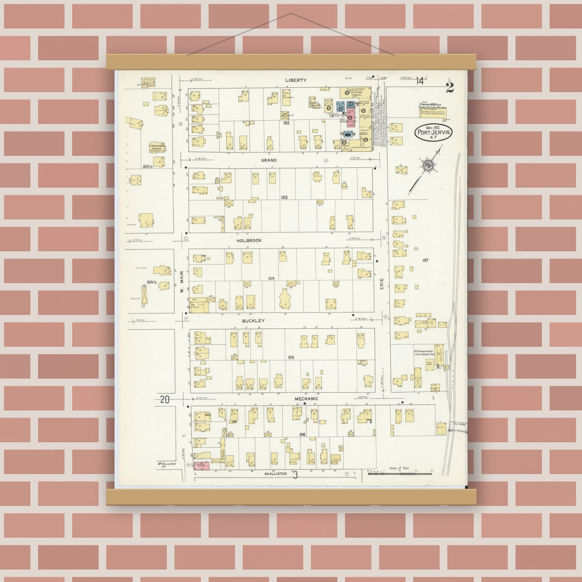 Old map wall art mockup — magnetic wood frame on brick wall — Sanborn Fire Insurance Map from Port Jervis, Orange County, New York (1912) - Complete Map Set