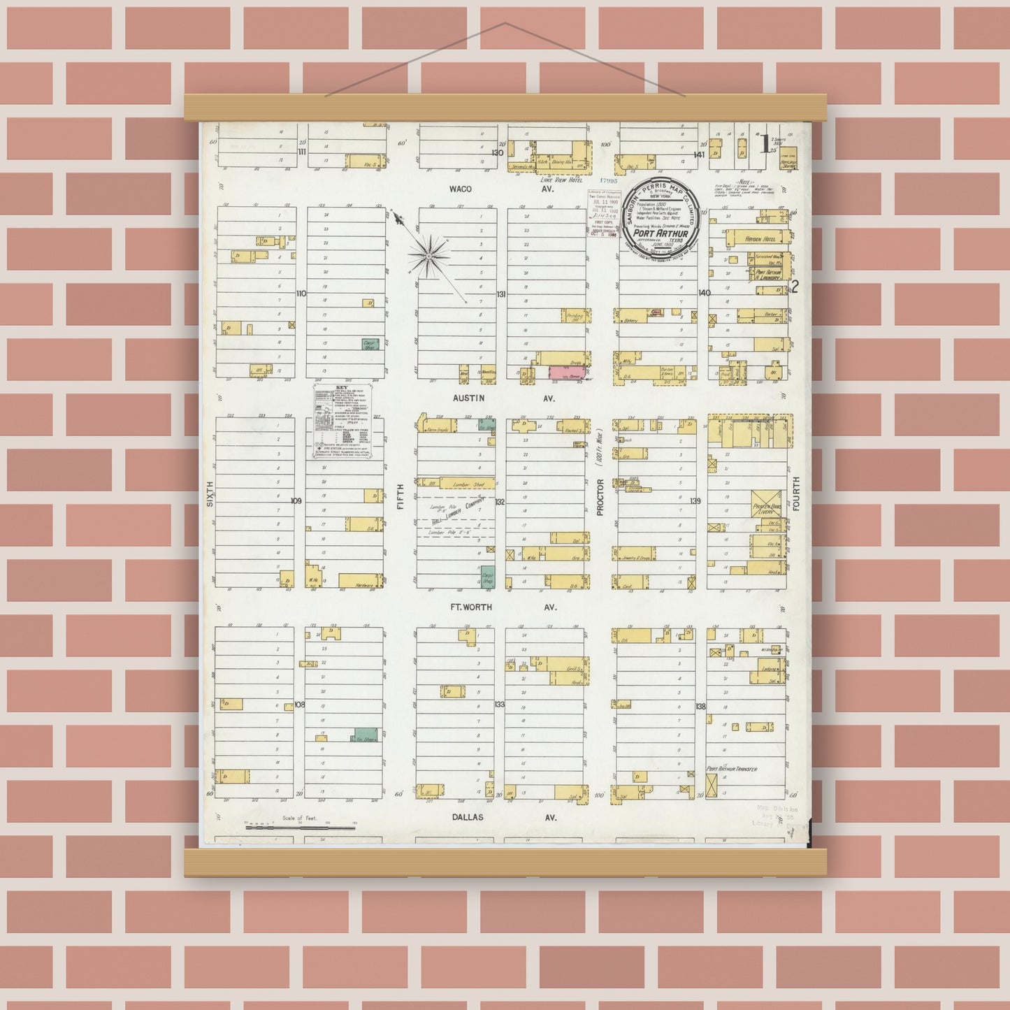 Old map wall art mockup — magnetic wood frame on brick wall — Sanborn Fire Insurance Map from Port Arthur, Jefferson County, Texas (1900) - Complete Map Set