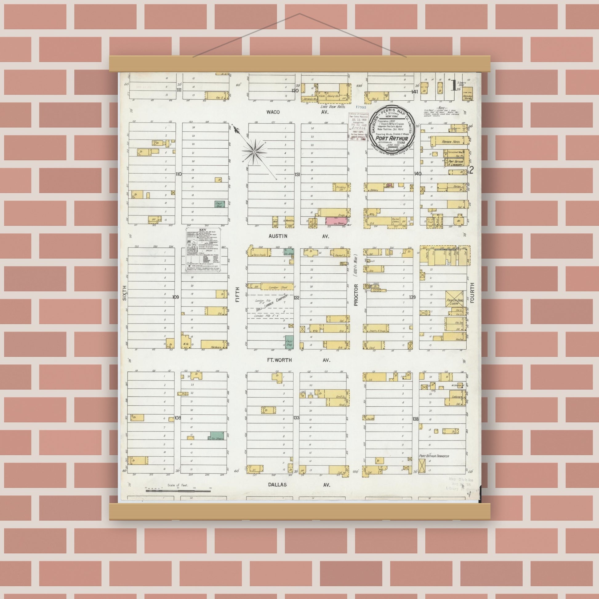 Old map wall art mockup — magnetic wood frame on brick wall — Sanborn Fire Insurance Map from Port Arthur, Jefferson County, Texas (1900) - Complete Map Set