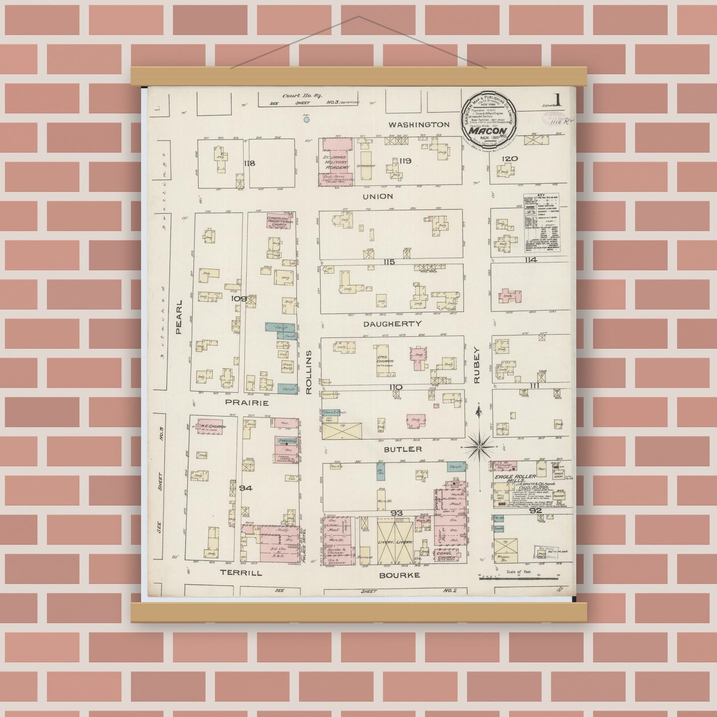 Old map wall art mockup — magnetic wood frame on brick wall — Sanborn Fire Insurance Map from Macon, Macon County, Missouri (1885) - Complete Map Set