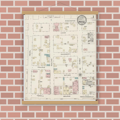 Old map wall art mockup — magnetic wood frame on brick wall — Sanborn Fire Insurance Map from Macon, Macon County, Missouri (1885) - Complete Map Set
